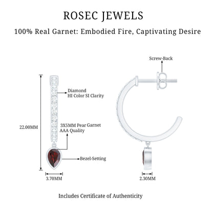 Genuine Garnet Teardrop Hoop Earrings with Diamonds