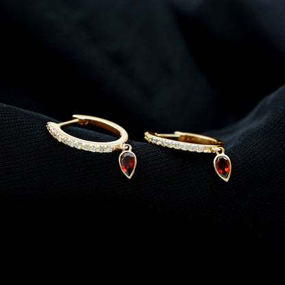 Genuine Garnet Teardrop Hoop Earrings with Diamonds
