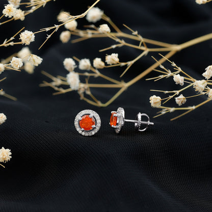 Natural Orange Fire Opal Stud Earrings With Diamonds