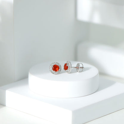Natural Orange Fire Opal Stud Earrings With Diamonds