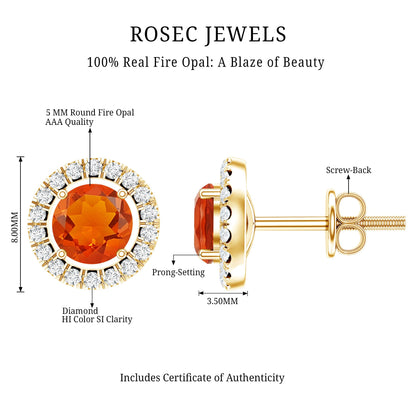 Natural Orange Fire Opal Stud Earrings With Diamonds