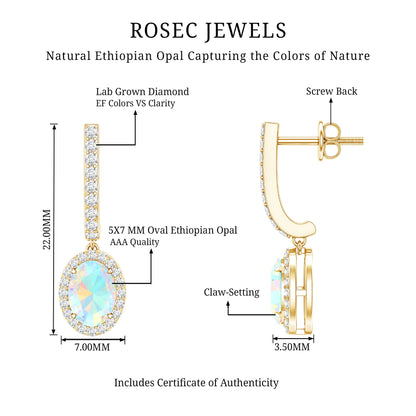 Natural Ethiopian Opal Hoop Drop Earrings with Diamond