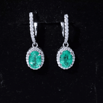 Oval Shape Emerald Hoop Drop Earrings with Diamond Halo