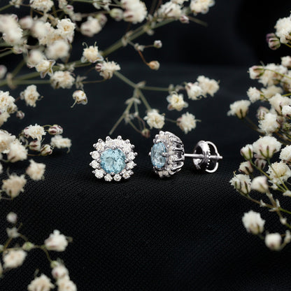Certified Aquamarine and Diamond Halo Stud Earrings