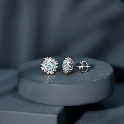 Certified Aquamarine and Diamond Halo Stud Earrings