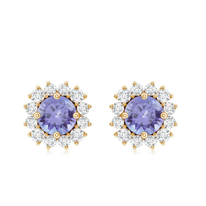 Natural 1 Carat Tanzanite Stud Earrings with Diamond Halo
