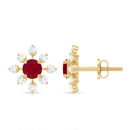 Natural Ruby Flower Stud Earrings with Diamond for Women