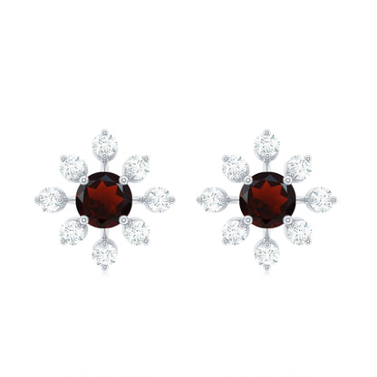 Natural Garnet and Diamond Flower Stud Earrings