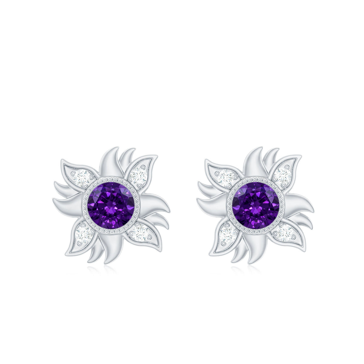 0.9 Carat Round Shape Amethyst and Diamond Sunburst Stud Earrings