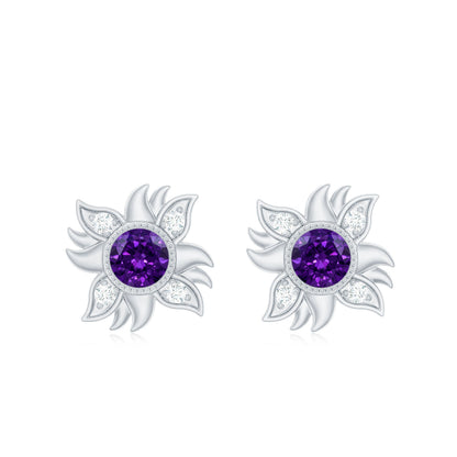0.9 Carat Round Shape Amethyst and Diamond Sunburst Stud Earrings