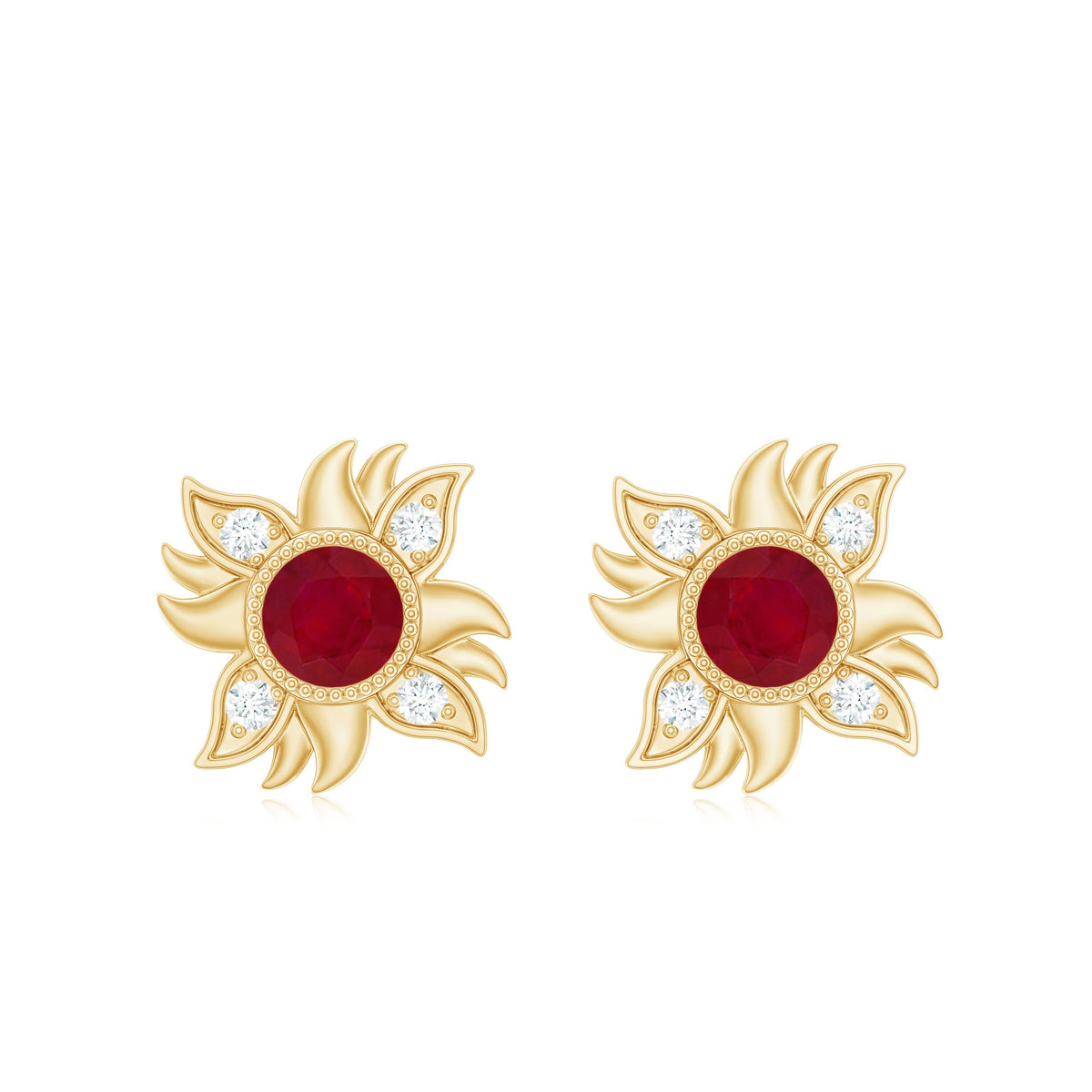 Real Ruby Diamond Sunburst Earrings with Screw Back