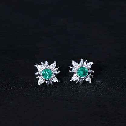 0.99 Carat Round Emerald and Diamond Sunburst Stud Earrings