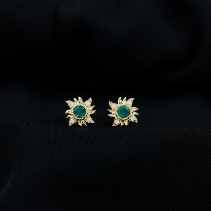 0.99 Carat Round Emerald and Diamond Sunburst Stud Earrings