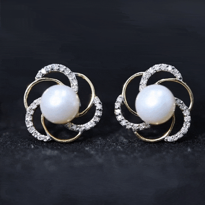 Round Freshwater Pearl Big Stud Earrings with Diamonds