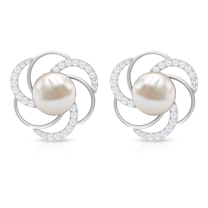 Round Freshwater Pearl Big Stud Earrings with Diamonds