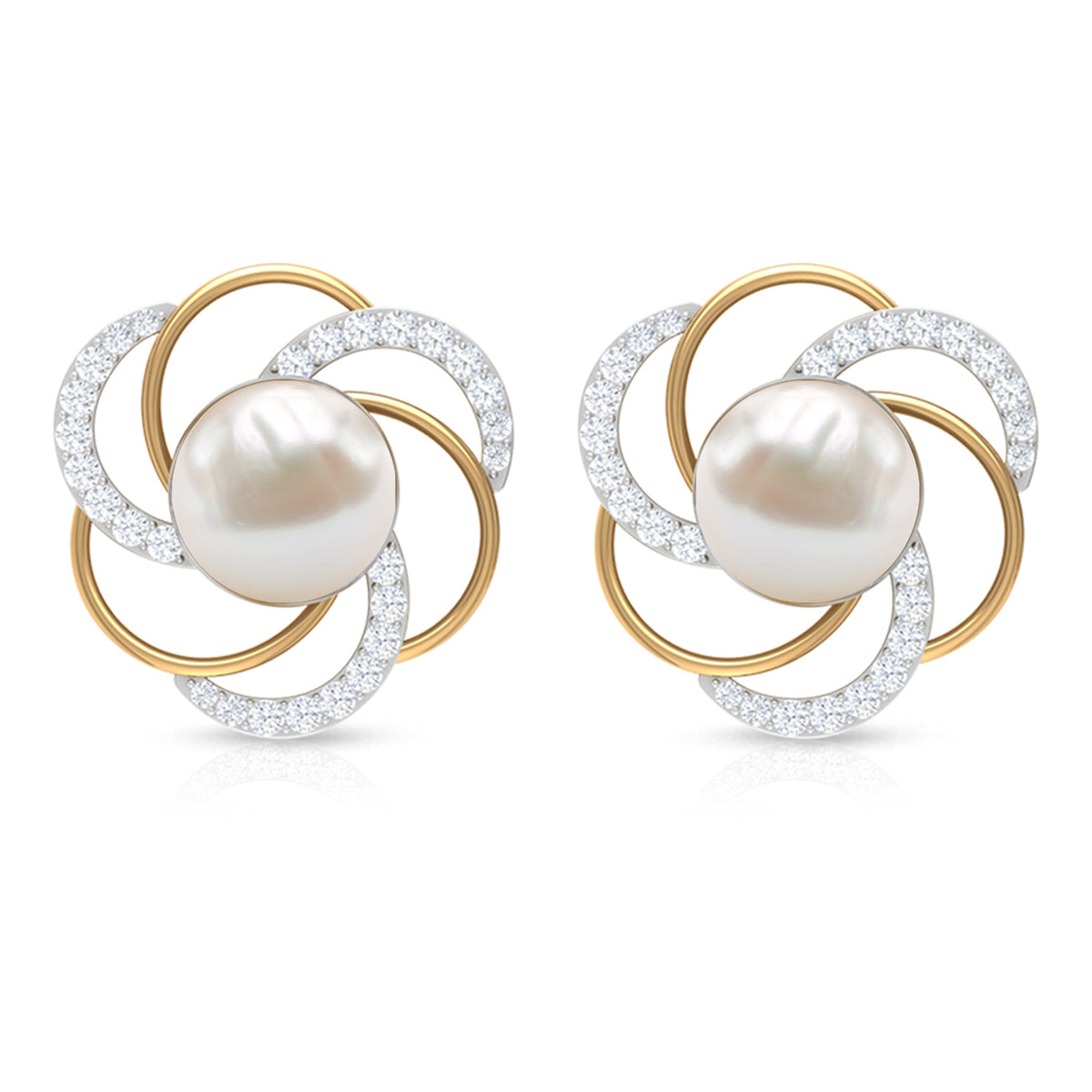 Round Freshwater Pearl Big Stud Earrings with Diamonds