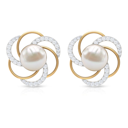 Round Freshwater Pearl Big Stud Earrings with Diamonds