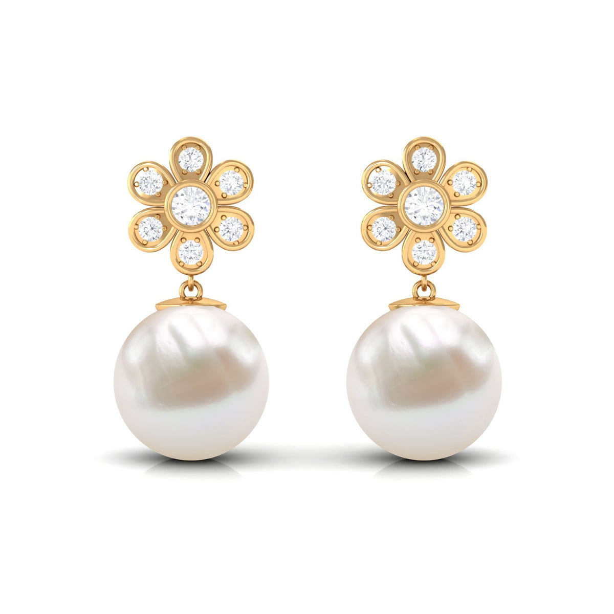 Cultured Freshwater Pearl Drop Earrings with Diamond Flower