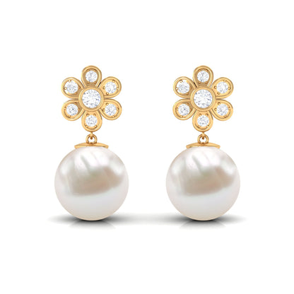 Cultured Freshwater Pearl Drop Earrings with Diamond Flower