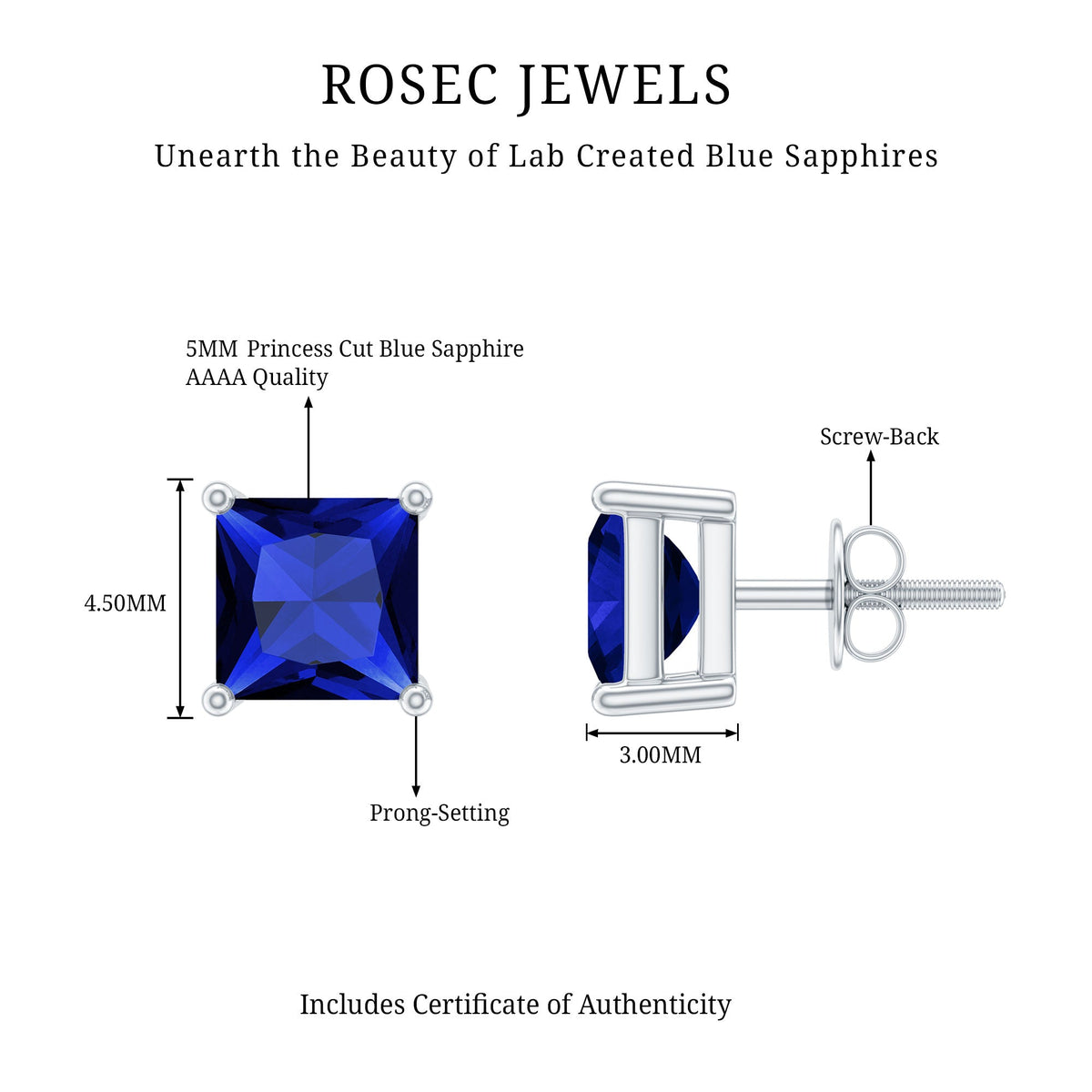 1.4 Carat Princess Cut Lab Created Blue Sapphire Solitaire Stud Earrings