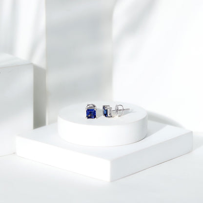 1.4 Carat Princess Cut Lab Created Blue Sapphire Solitaire Stud Earrings