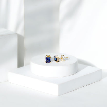 1.4 Carat Princess Cut Lab Created Blue Sapphire Solitaire Stud Earrings