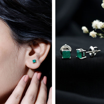 Princess Cut Natural Emerald Solitaire Stud Earrings