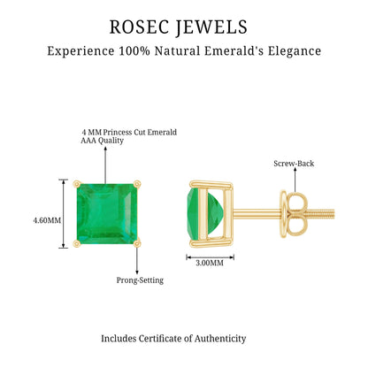 Princess Cut Natural Emerald Solitaire Stud Earrings