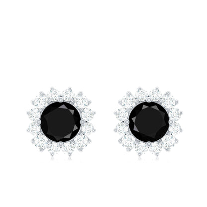 Certified Real Black Spinel Stud Earrings with Diamond Halo