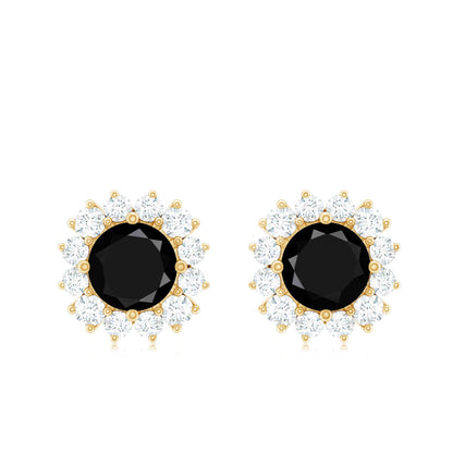 Certified Real Black Spinel Stud Earrings with Diamond Halo