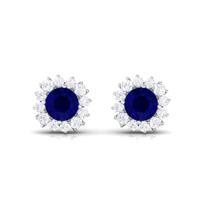 0.8 Carat Natural Blue Sapphire and Diamond Halo Stud Earrings