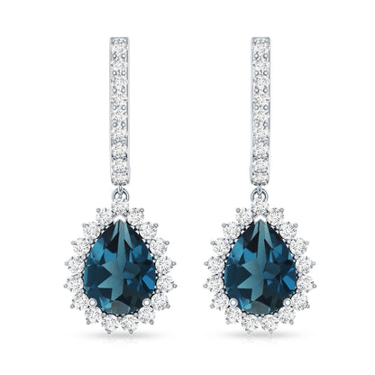 London Blue Topaz Teardrop Hoop Earrings with Diamond Halo