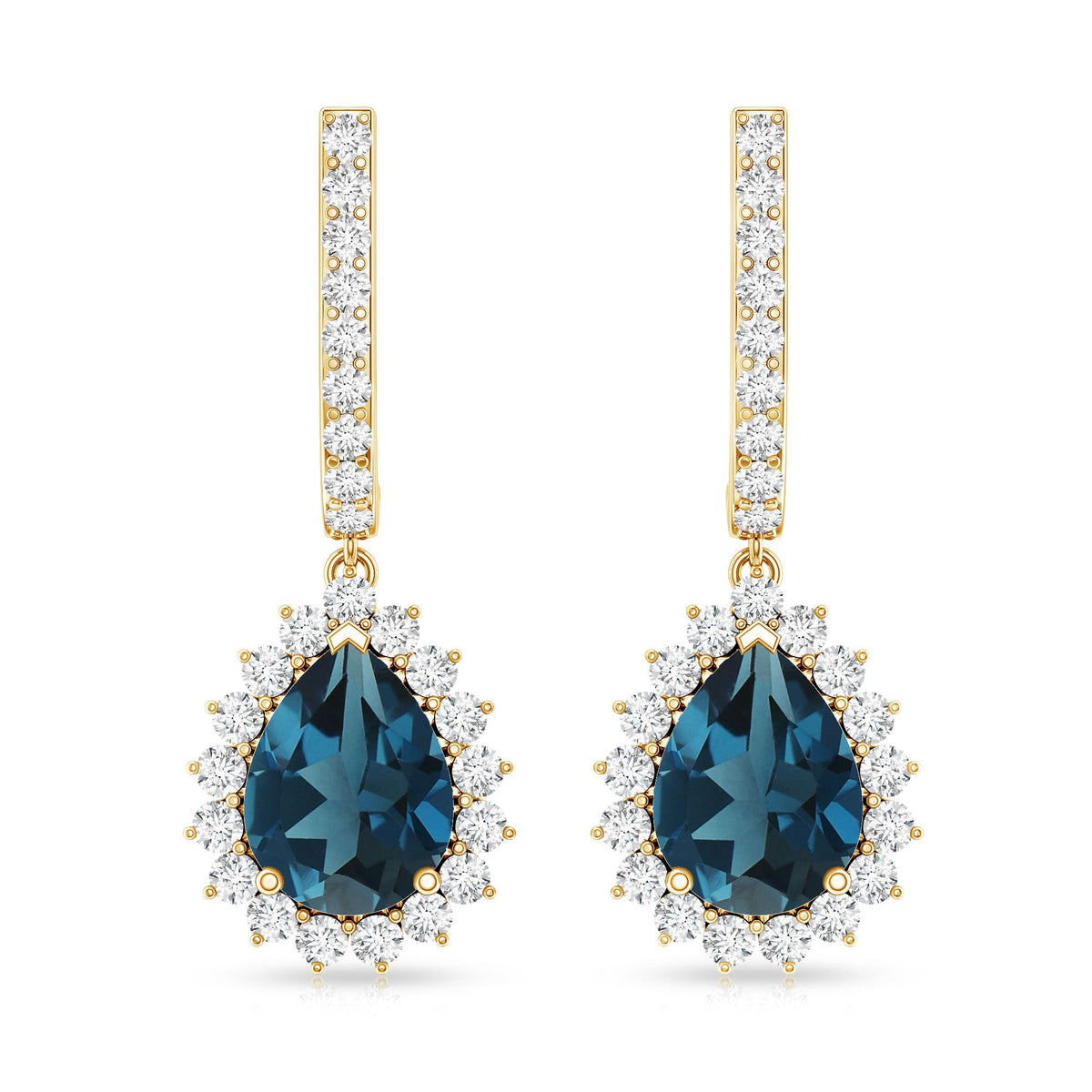 London Blue Topaz Teardrop Hoop Earrings with Diamond Halo