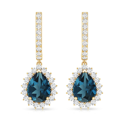 London Blue Topaz Teardrop Hoop Earrings with Diamond Halo