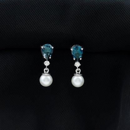 Genuine Freshwater Pearl Drop Earrings With London Blue Topaz