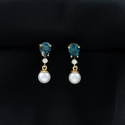 Genuine Freshwater Pearl Drop Earrings With London Blue Topaz