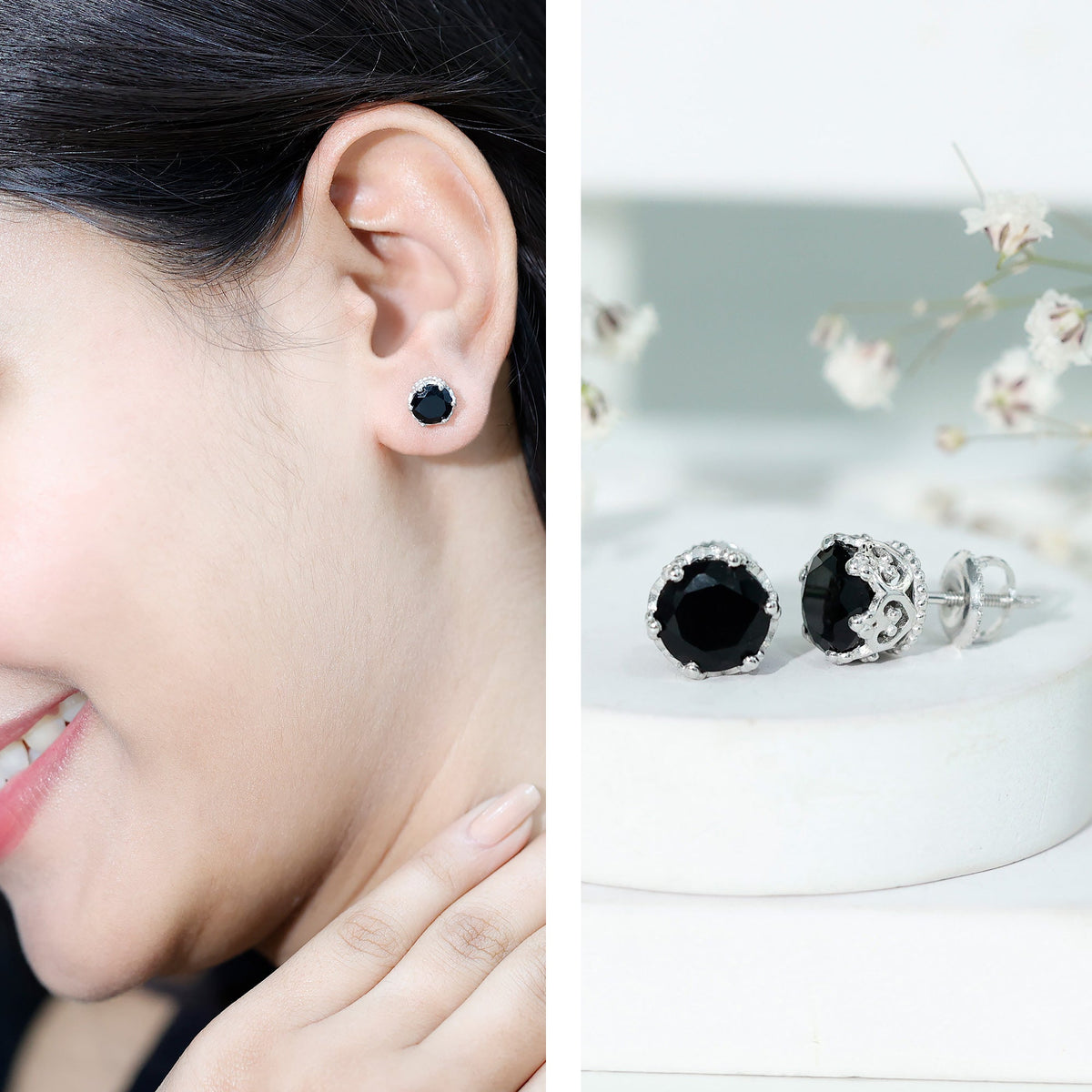 3 Carat Genuine Black Spinel Crown Stud Earrings