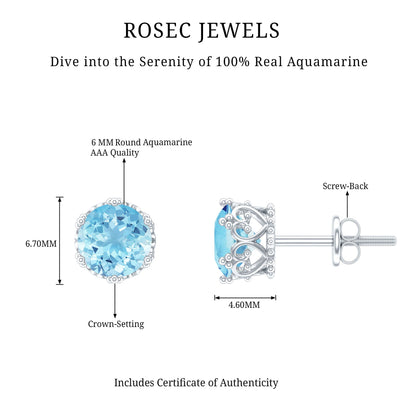 1.6 Carat Genuine Aquamarine Crown Stud Earrings