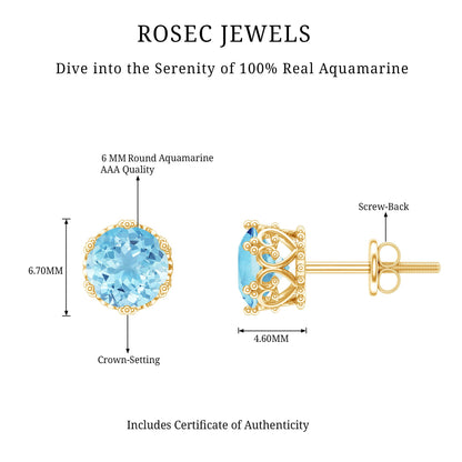 1.6 Carat Genuine Aquamarine Crown Stud Earrings