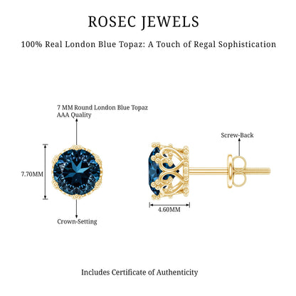2.7 Carat Round Cut London Blue Topaz Crown Stud Earrings