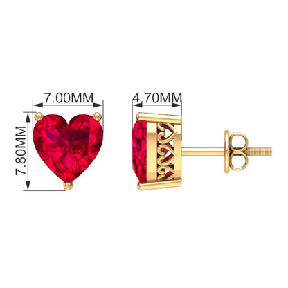 Certified 4 Carat Lab Created Ruby Heart Stud Earrings