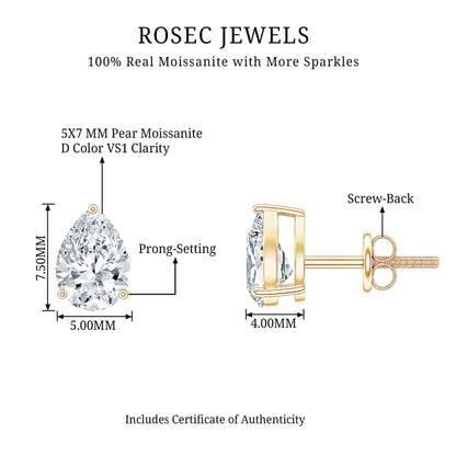 1.5 Carat Pear Cut Moissanite Teardrop Stud Earrings
