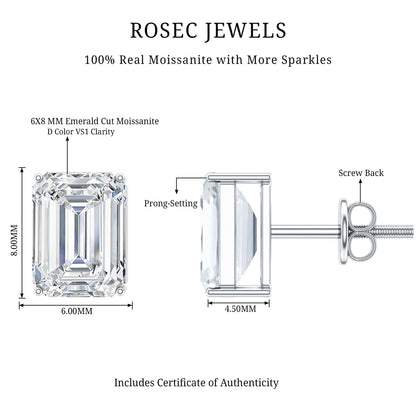 Certified Moissanite Emerald Cut Stud Earrings For Women