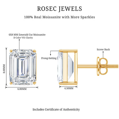 Certified Moissanite Emerald Cut Stud Earrings For Women
