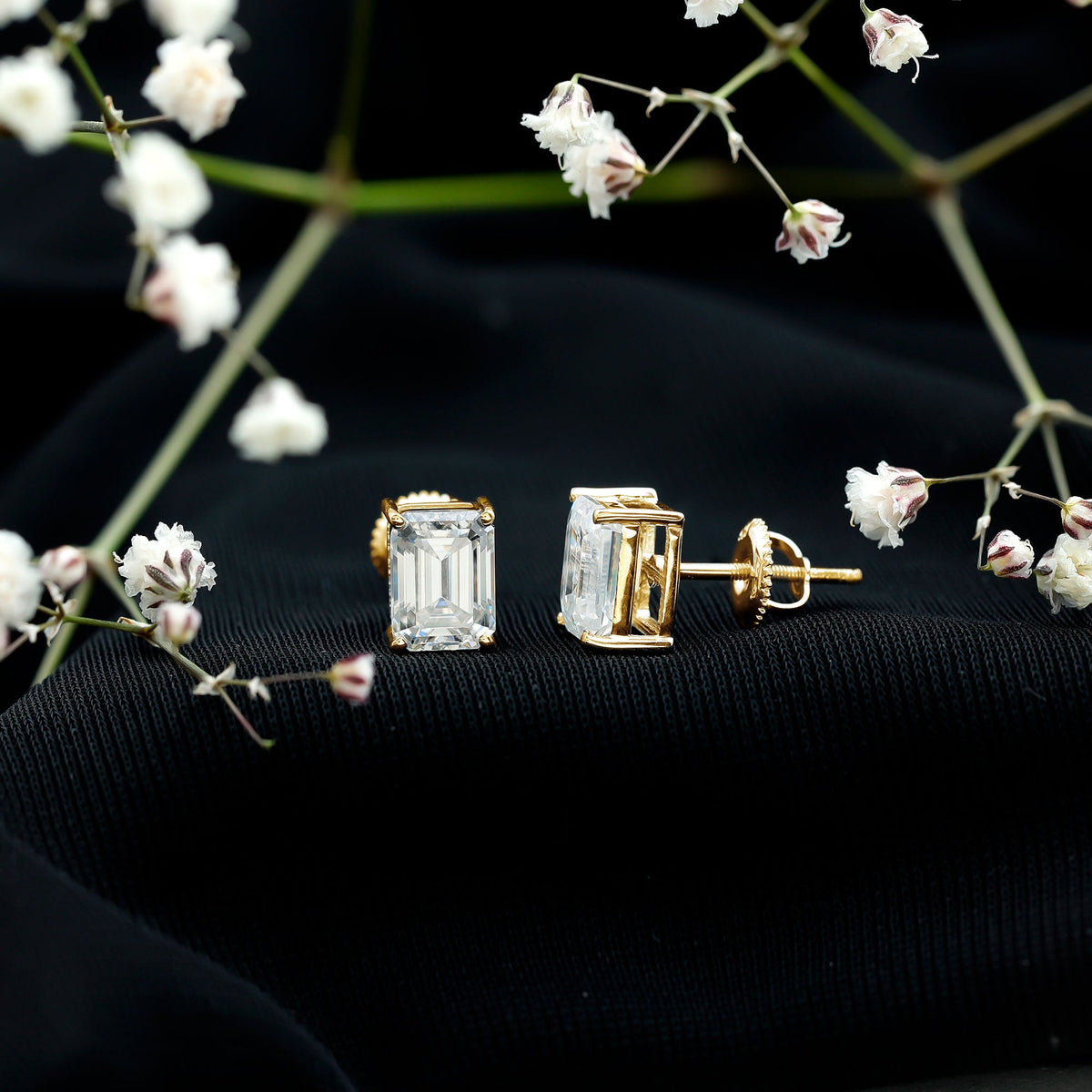 Certified Moissanite Emerald Cut Stud Earrings For Women