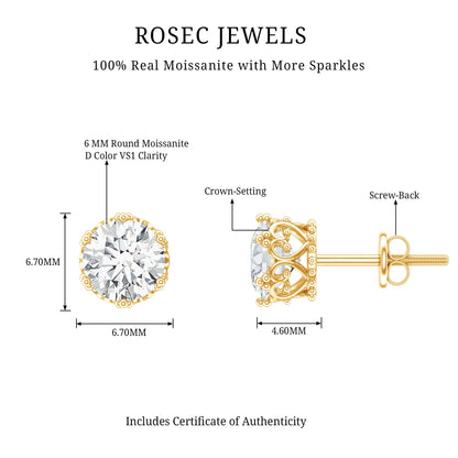 1.97 Carat Round Shape Moissanite Stud Earrings in Crown Setting