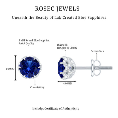 Solitaire Lab Created Blue Sapphire Stud Earrings with Diamonds