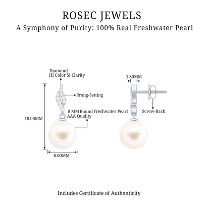 14.9 Carat Genuine Freshwater Pearl and Diamond Drop Earrings with Certificate