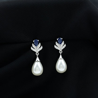 Freshwater Pearl and Blue Sapphire Teardrop Earrings with Moissanite