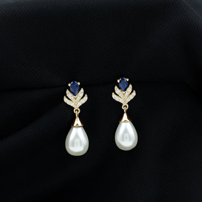 Freshwater Pearl and Blue Sapphire Teardrop Earrings with Moissanite